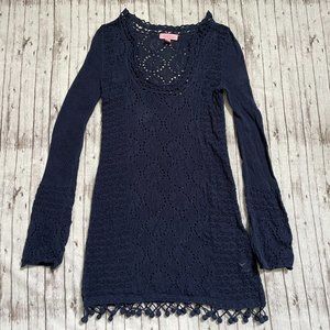 Lilly Pulitzer Womens Sz XS Athena Ariel Blue Crochet Knit Pom Pom Sweater Tunic